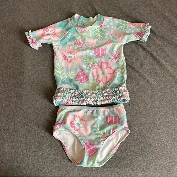 Ruffle Butts Pink Blue Floral Tropical Two Piece Swimsuit Rashguard Toddler 2T - Picture 1 of 3